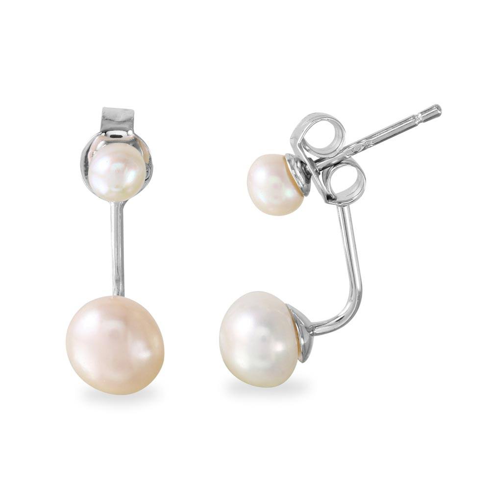 Sterling Silver Rhodium Plated Dropped Fresh Water Pearl Earring
