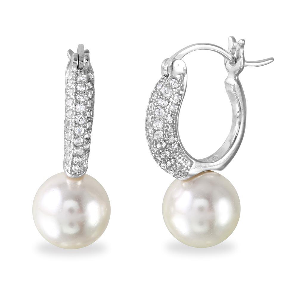 Sterling Silver Rhodium Plated Dropped Synthetic Pearl Huggie Earrings With CZ Stones