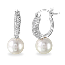 Load image into Gallery viewer, Sterling Silver Rhodium Plated Dropped Synthetic Pearl Huggie Earrings With CZ Stones