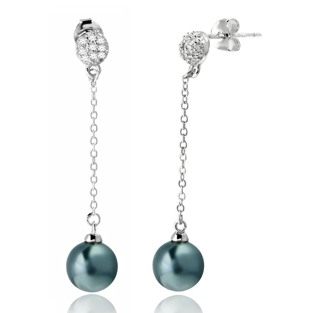 Sterling Silver Rhodium Plated Half Ball CZ With Dangling Synthetic Grey Pearl Earrings