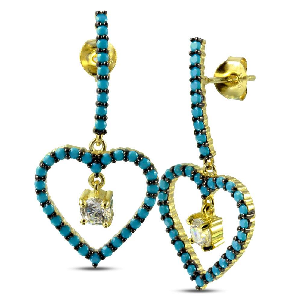 Sterling Silver Gold And Black Rhodium Plated Curved Bar And Dangling Open Heart With Turquoise Beads And CZ
