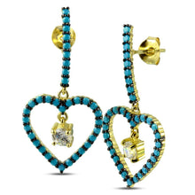 Load image into Gallery viewer, Sterling Silver Gold And Black Rhodium Plated Curved Bar And Dangling Open Heart With Turquoise Beads And CZ