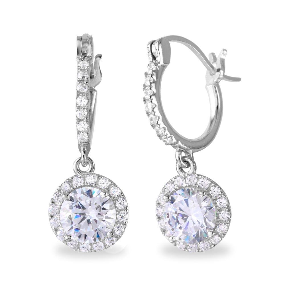 Sterling Silver Rhodium Plated Dangling Micro Pave Round Shaped Huggie Earrings With CZ Stones