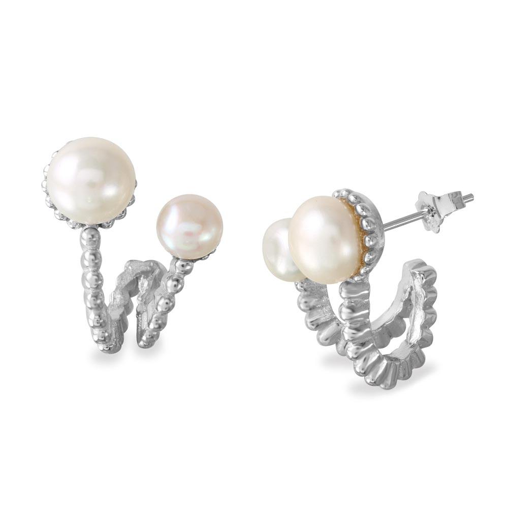 Sterling Silver Rhodium Plated Two Folded Fresh Water Pearl Earrings