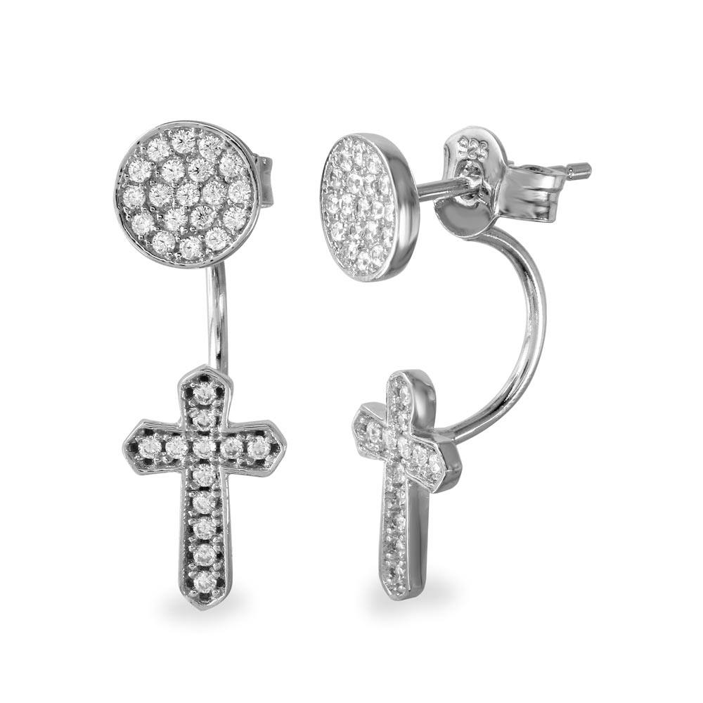 Sterling Silver Rhodium Plated Circle And Dropped Cross Earrings With CZ Stones