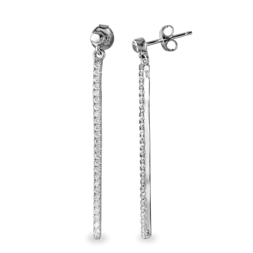 Sterling Silver  Rhodium Plated Dangling Bar With Round CZ Earrings