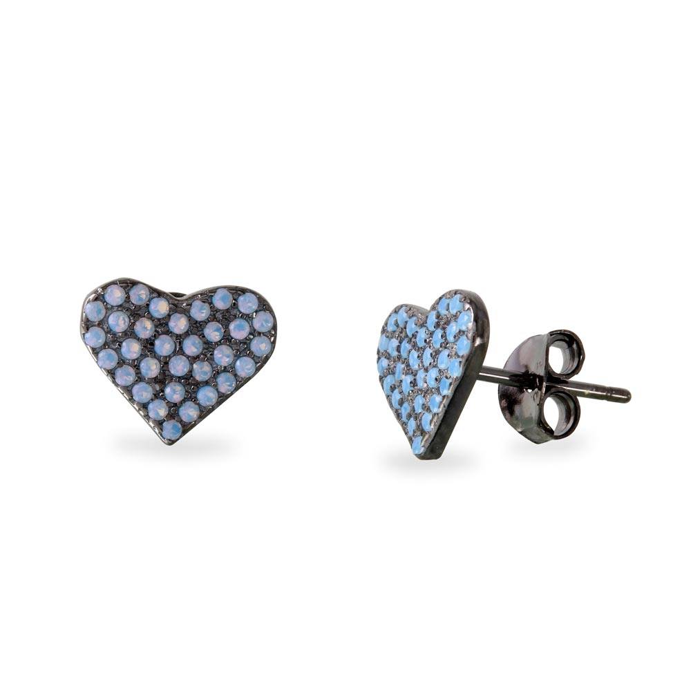 Sterling Silver Black Rhodium Plated Heart Earrings With Round Blue CZ