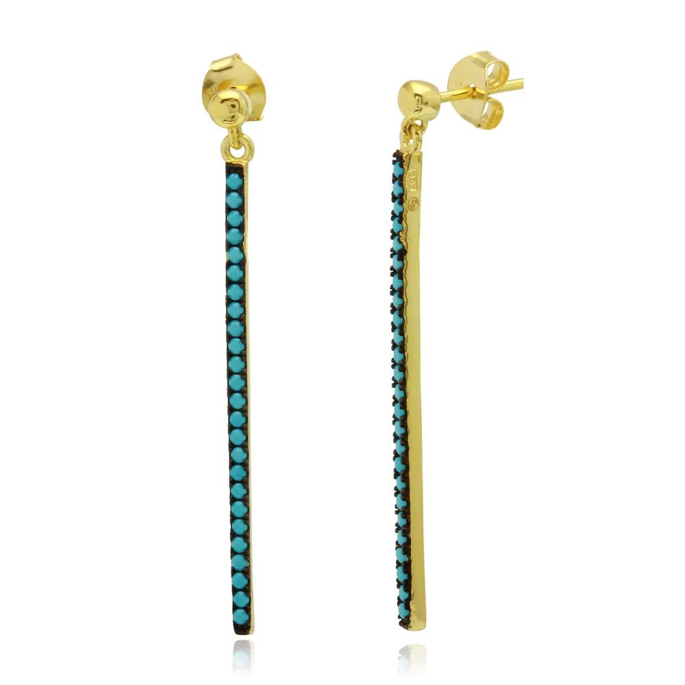 Sterling Silver Gold Plated Bar Shape Dangling Earrings With Turquoise Beads