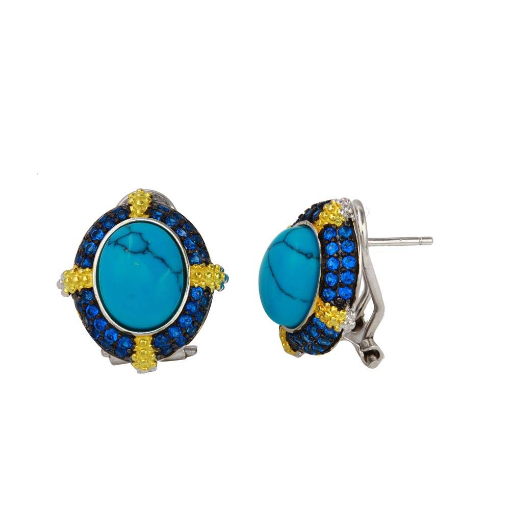 Sterling Silver Rhodium Plated Turquoise Bead Earring With Yellow And Blue Round CZ