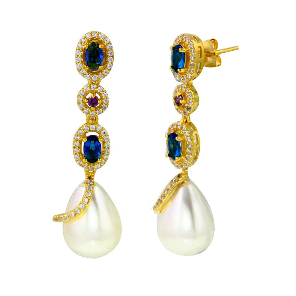 Sterling Silver Gold Plated Multi Color CZ Dangling with Wrapped Synthetic Pearl Earrings