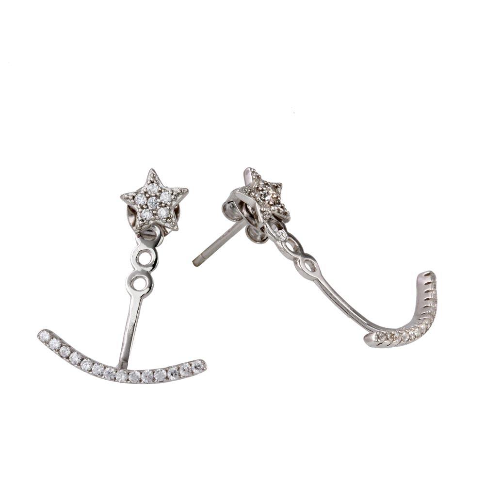 Sterling Silver Rhodium Plated Star With Half CZ Crescent Earrings