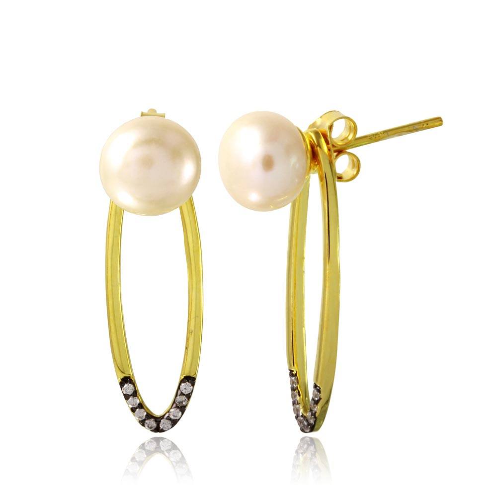 Sterling Silver Gold Plated Fresh Water Pearl with Hanging Open Oval Earrings