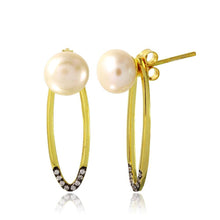 Load image into Gallery viewer, Sterling Silver Gold Plated Fresh Water Pearl with Hanging Open Oval Earrings