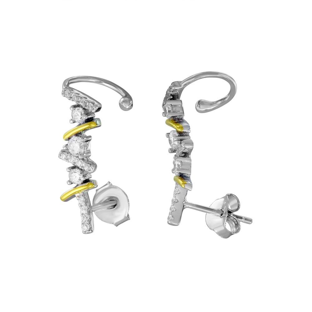 Sterling Silver Two Toned Rhodium And Gold Plated Climbing Earrings With CZ Stones