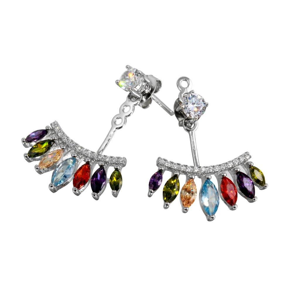 Sterling Silver Rhodium Plated Multi Color Hanging Stud Earrings With CZ Stones
