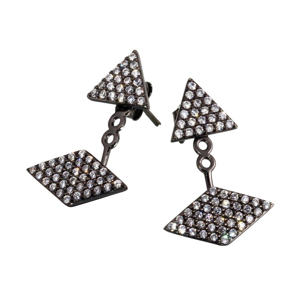 Sterling Silver Rhodium Plated Encrusted Multi Shape Hanging Stud Earrings With CZ Stones
