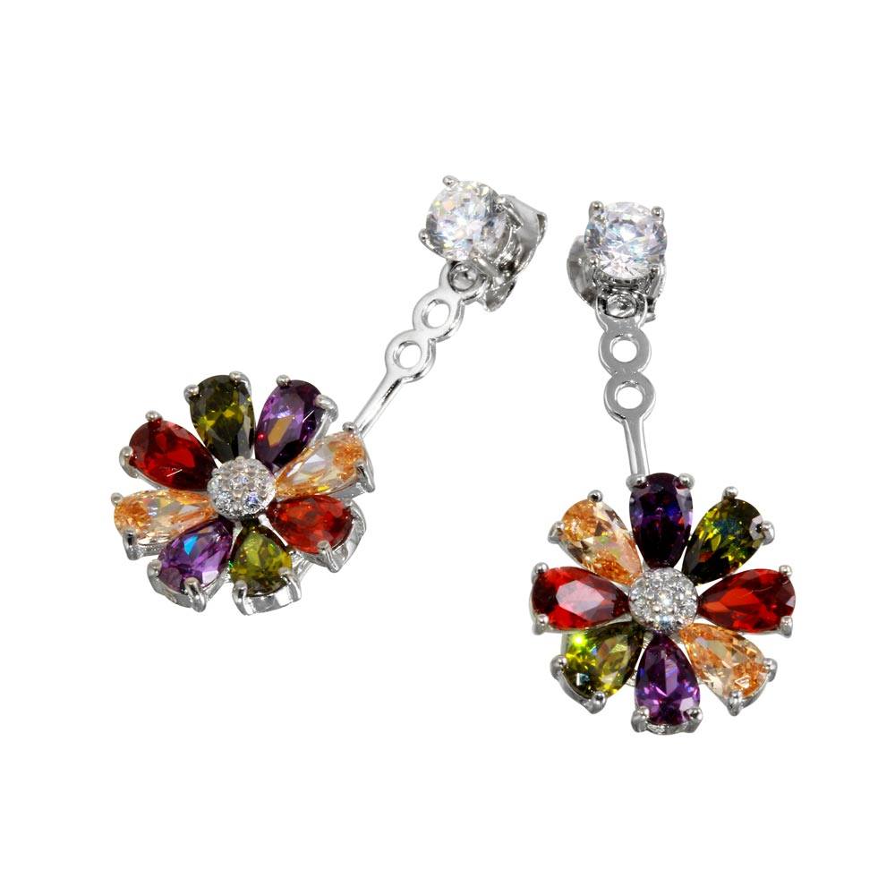 Sterling Silver Black Rhodium Plated Multi Color Sun Flower Shaped Hanging Stud Earrings With CZ Stones