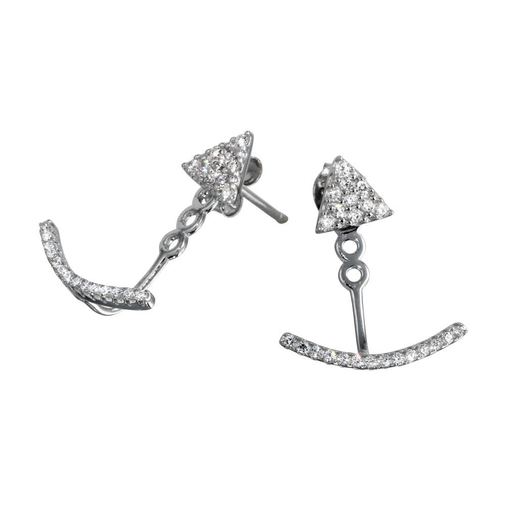 Sterling Silver Rhodium Plated Triangle Stud And Curve Hanging Shaped Earrings With CZ Stones