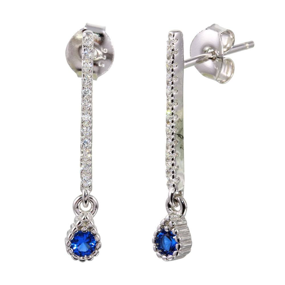 Sterling Silver Rhodium Plated Blue CZ Bar Drop Earrings