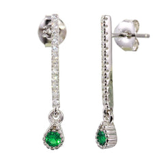 Sterling Silver Rhodium Plated Green CZ Bar Drop Shaped Earrings