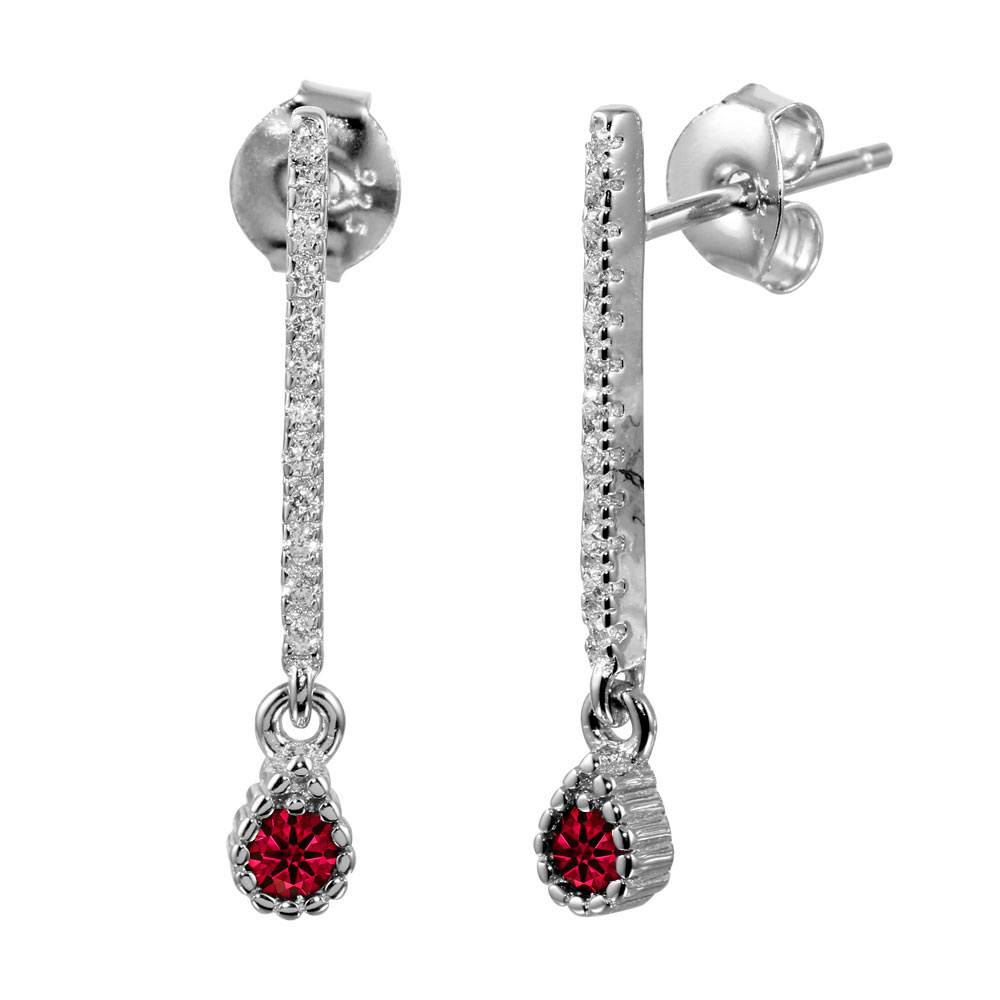 Sterling Silver Rhodium Plated Red CZ Bar Drop Earrings