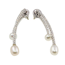 Load image into Gallery viewer, Sterling Silver Rhodium Plated Freshwater Pearl Drop Shaped Earrings With CZ Stones