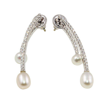 Sterling Silver Rhodium Plated Freshwater Pearl Drop Shaped Earrings With CZ Stones