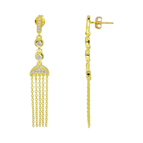 Sterling Silver Gold Plated Drop Tassel Earrings With CZ Stones