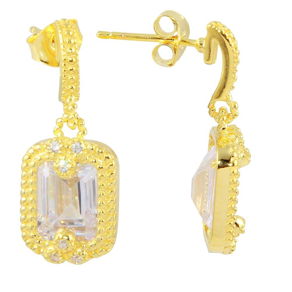 Sterling Silver  Gold Plated Clear Rectangle Dangling Earrings