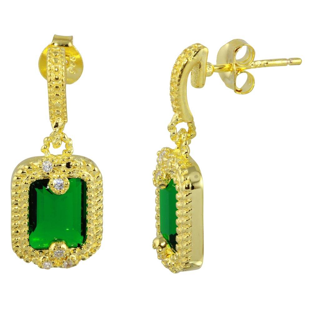Sterling Silver Gold Plated  Green Rectangle Dangling Earrings