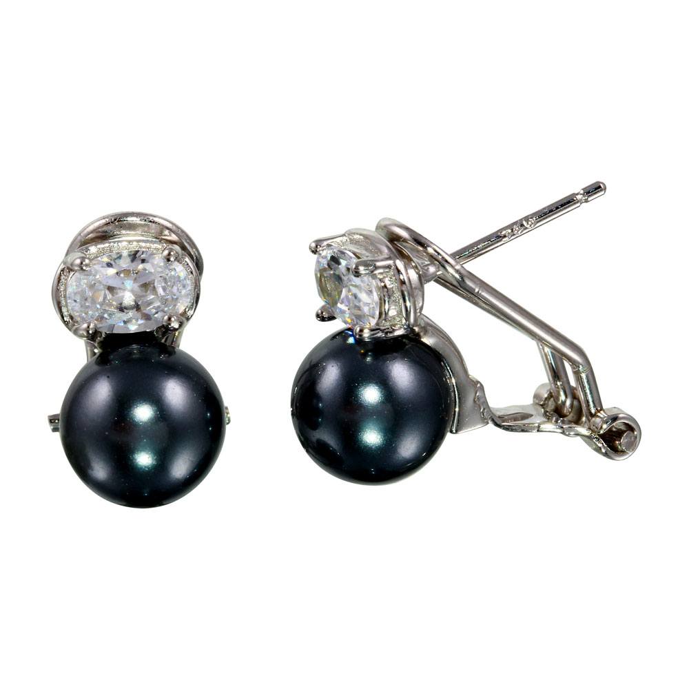 Sterling Silver Rhodium Plated Synthetic Black Pearl with Oval CZ Lever Back Earrings