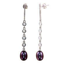 Load image into Gallery viewer, Sterling Silver Rhodium Plated CZ Bar Fresh Water Black Pearl Drop Pearl