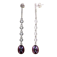 Sterling Silver Rhodium Plated CZ Bar Fresh Water Black Pearl Drop Pearl