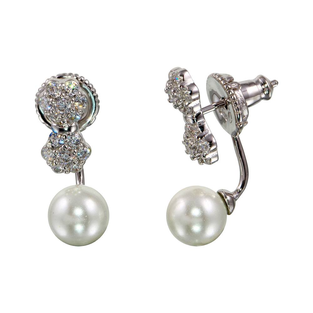 Sterling Silver Rhodium Plated Flowers With Synthetic Pearl Drop Earrings With CZ Stones