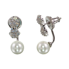 Load image into Gallery viewer, Sterling Silver Rhodium Plated Flowers With Synthetic Pearl Drop Earrings With CZ Stones