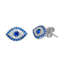 Load image into Gallery viewer, Sterling Silver Rhodium Plated Evil Eye Shaped Earring With Blue Center Stone And Clear CZ