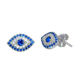 Sterling Silver Rhodium Plated Evil Eye Shaped Earring With Blue Center Stone And Clear CZ