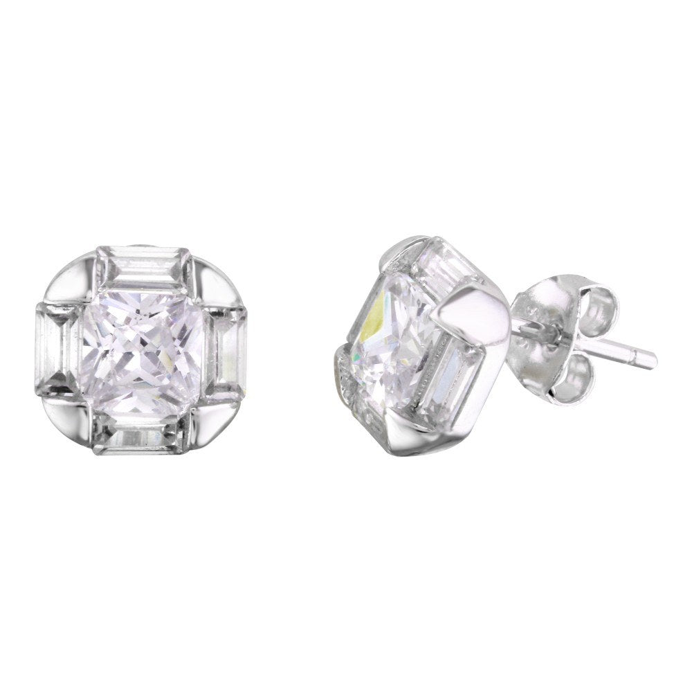 Sterling Silver Rhodium Plated Rhombus Shaped Stud Earrings With CZ Stones