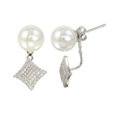 Sterling Silver Rhodium Plated Synthetic Pearl and Diamond-Shaped Front and Back Earrings with CZ