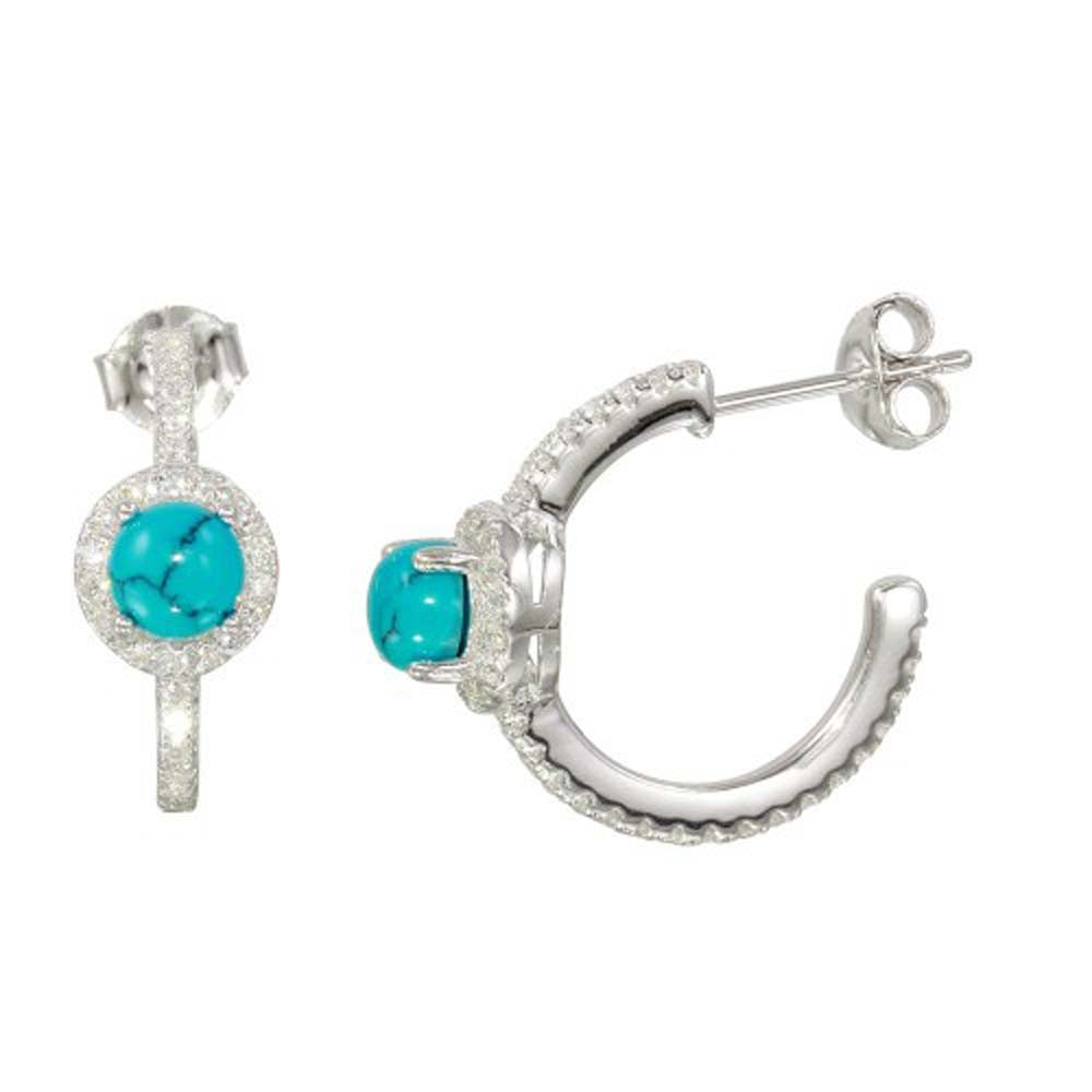 Sterling Silver Semi Hoop CZ Earrings With CZ And Aqua Stone