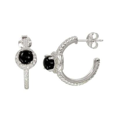 Sterling Silver Semi Hoop CZ Earrings With CZ And Black Stone