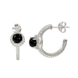 Sterling Silver Semi Hoop CZ Earrings With CZ And Black Stone