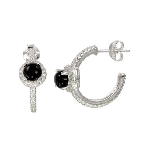 Sterling Silver Semi Hoop CZ Earrings With CZ And Black Stone