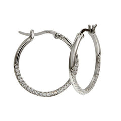 Sterling Silver Rhodium Plated Outside CZ Hoop Earrings
