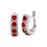 Sterling Silver Rhodium Plated Long Huggie Earrings With Red And Clear CZ