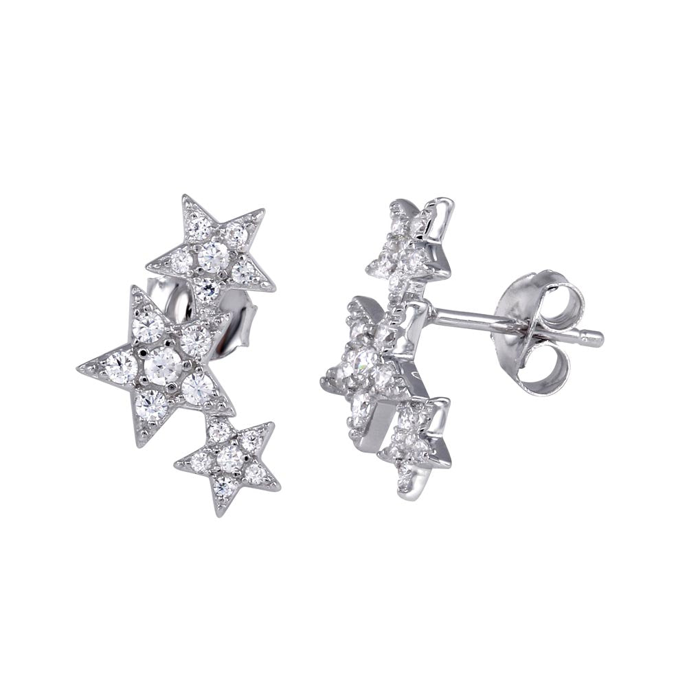 Sterling Silver Three Star Stud Earrings With Clear CZ