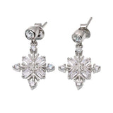 Sterling Silver Rhodium Plated Drop Snowflake Earrings With CZ Stones