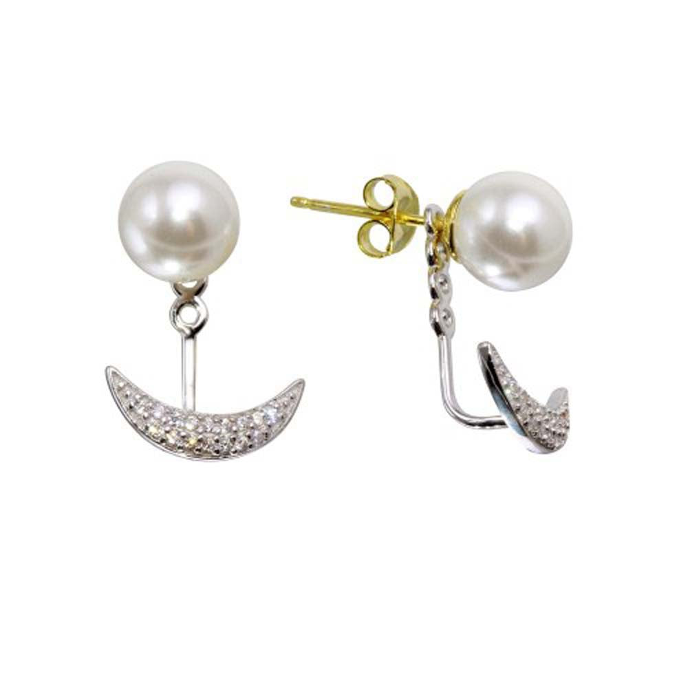 Sterling Silver Rhodium Plated Synthetic Pearl And Crescent Front And Back Earrings With Clear CZ