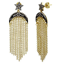 Load image into Gallery viewer, Sterling Silver Gold Plated Moon And Star With Tassel With CZ Stones