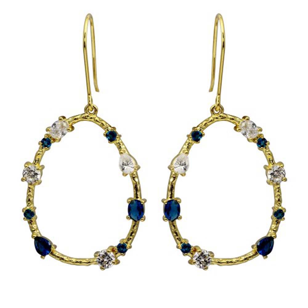 Sterling Silver Gold Plated Open Oval Hoop Earrings With Blue And Clear CZ